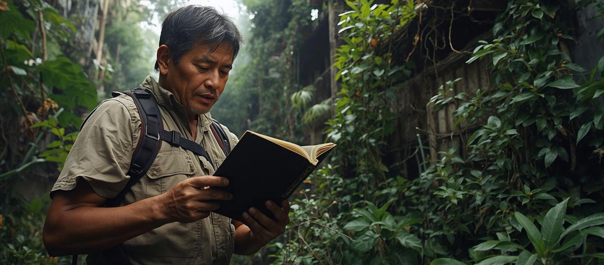 homme lit un guide de survie autour de lui, une ville dans le ko où la nature a repris ses droits