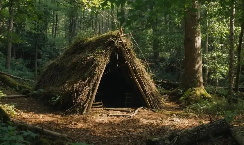 Construire un abri de survie en forêt avec des matériaux naturels