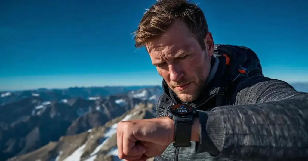 Randonneur consultant l'altimètre de sa montre GPS sur un sommet de montagne