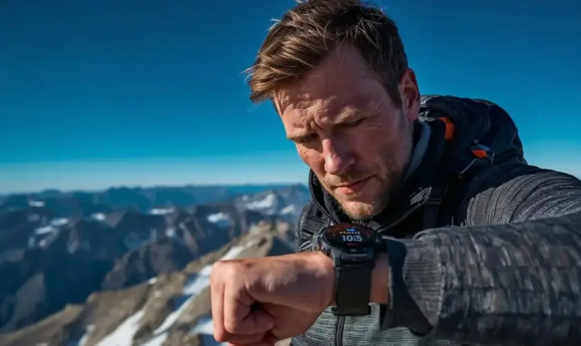 Randonneur consultant l'altimètre de sa montre GPS sur un sommet de montagne