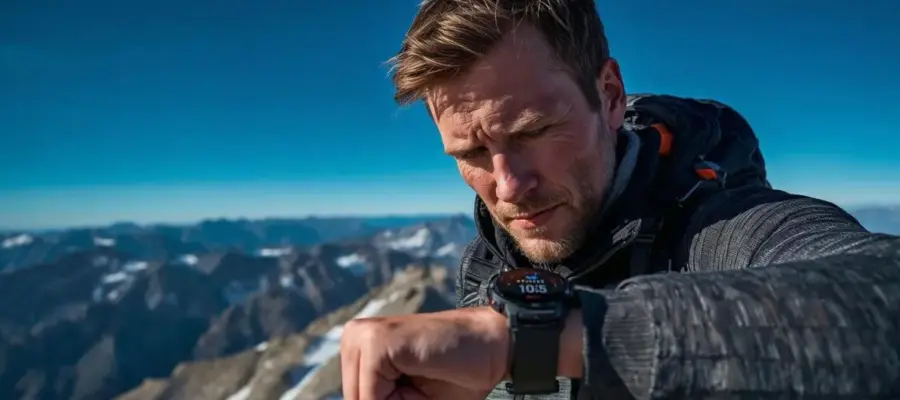 Randonneur consultant l'altimètre de sa montre GPS sur un sommet de montagne