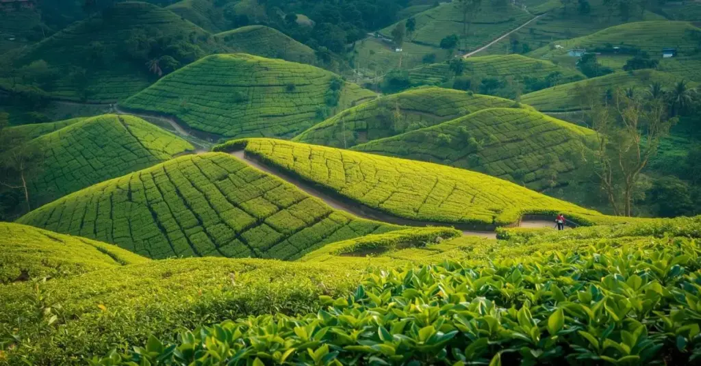Collines verdoyantes de plantations de thé au Népal
