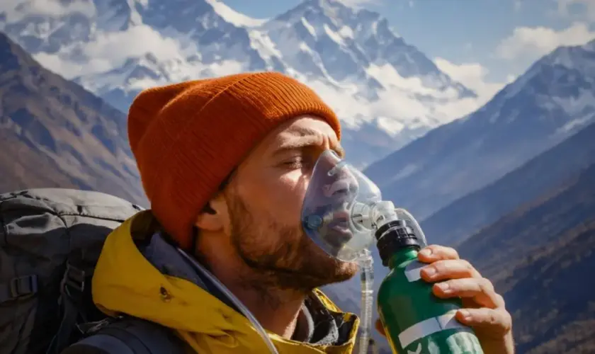Homme utilisant un masque à oxygène. Oxygène de secours en trekking au Népal : Mode d'emploi technique