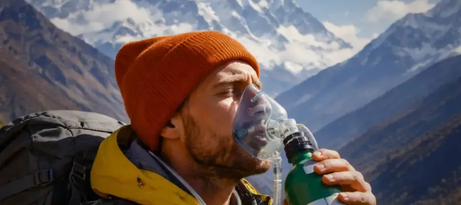 Homme utilisant un masque à oxygène. Oxygène de secours en trekking au Népal : Mode d'emploi technique
