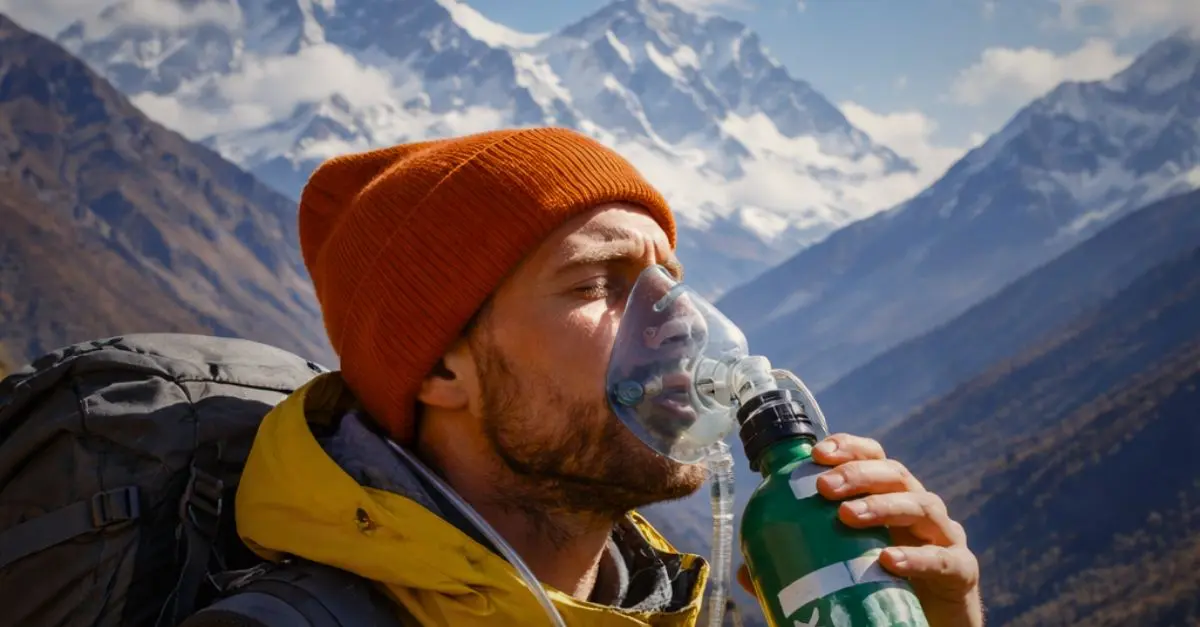 Homme utilisant un masque à oxygène. Oxygène de secours en trekking au Népal : Mode d'emploi technique