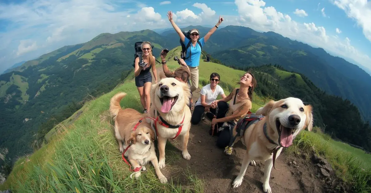 Groupe de personnes avec des chiens heureux. Le guide complet des règlements concernant les chiens en forêt et montagne : 10 infos clés