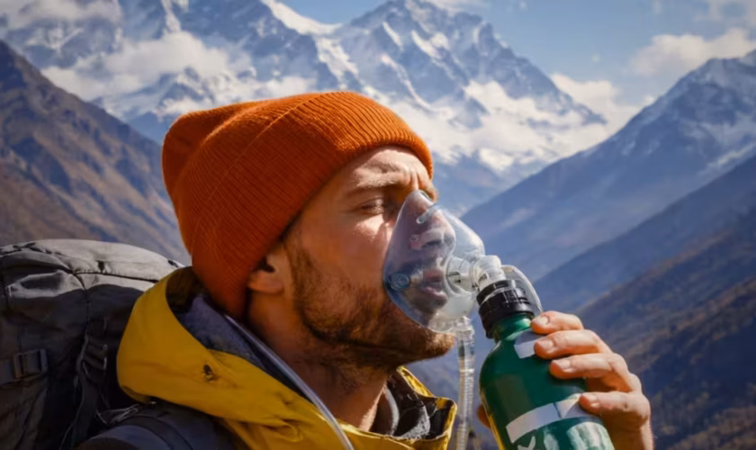 Homme utilisant un masque à oxygène. Oxygène de secours en trekking au Népal : Mode d'emploi technique