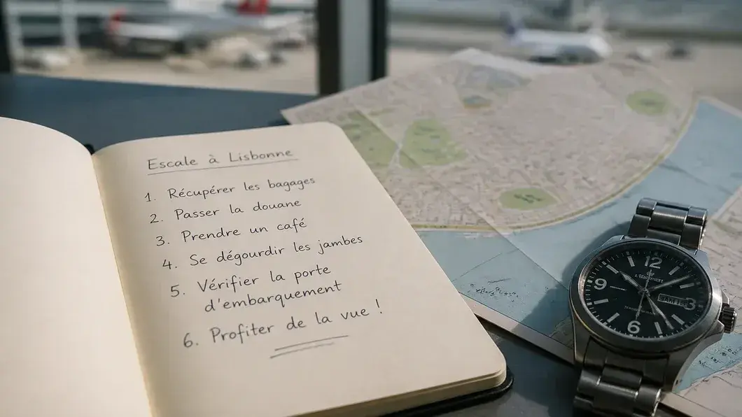 Un carnet ouvert présente une courte liste d'étapes pour une escale à côté d'une carte papier et d'une montre