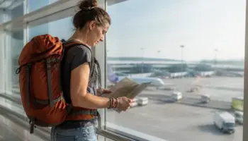 Une voyageuse avec un sac de randonnée consulter une carte près d'une grande fenêtre d'aéroport